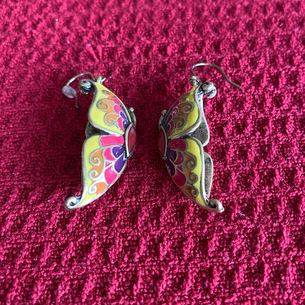 EUC Butterflies Cloisonné Gold Tone Earrings